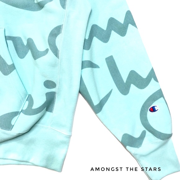 Champion Reverse Weave AOP Script Logo Mint Hoodie - Picture 4 of 5